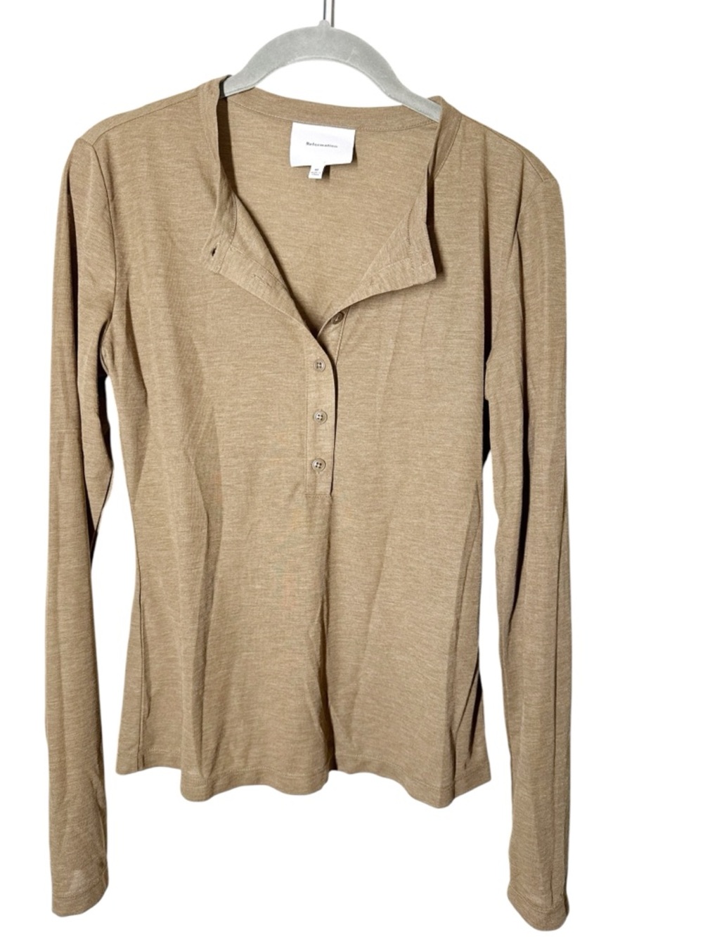 Reformation Womens Harriet Long Sleeve Henley Top Camel Tan Sz M - Picture 2 of 5